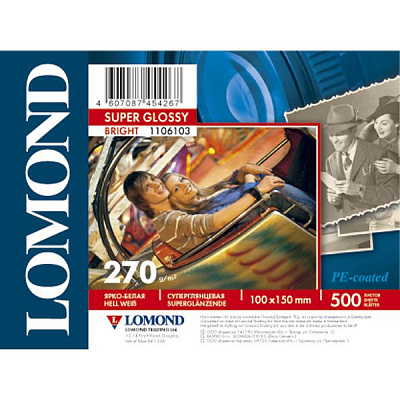 1106103 Фотобумага Одностороняя Суперглянцевая Lomond 100х150 мм, 270г/м2, 500л. 